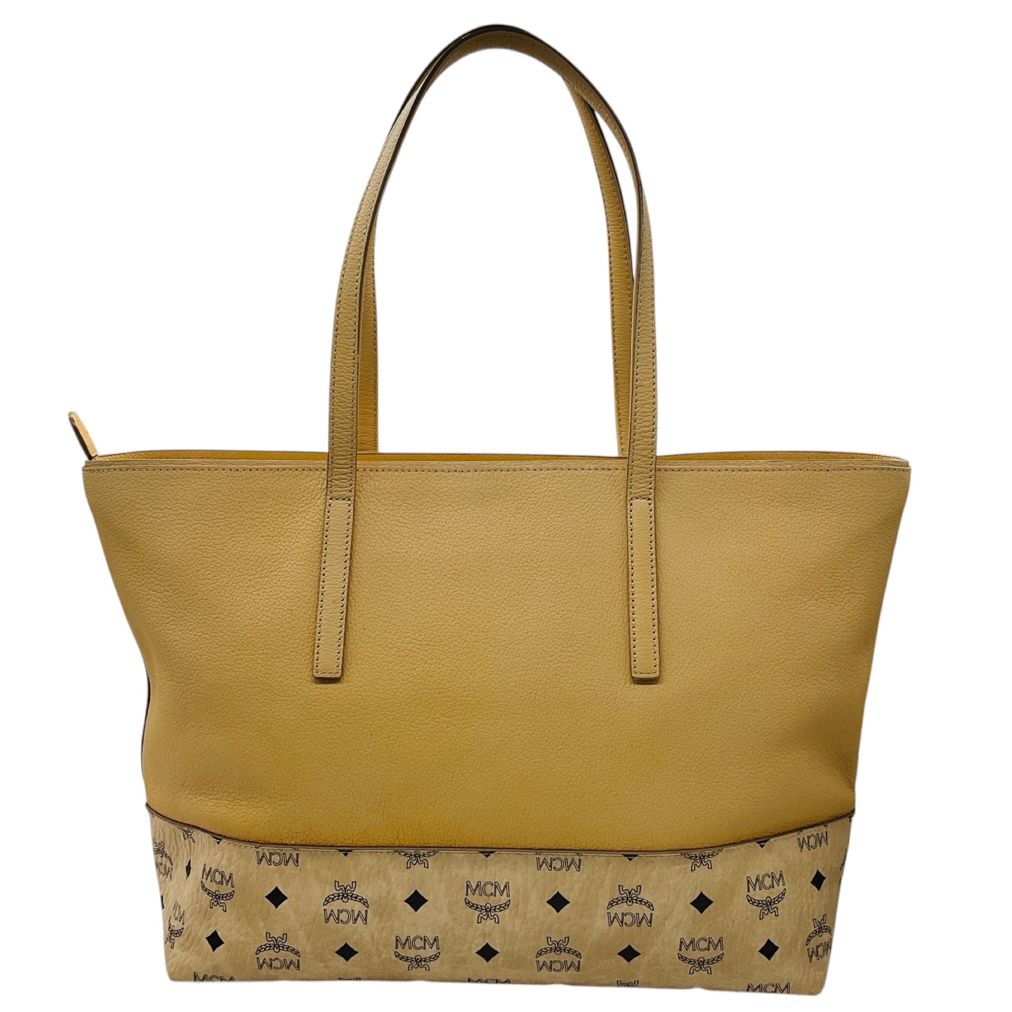 MCM Beige Leather Wilder Visetos Leather Shopper Tote Handbag