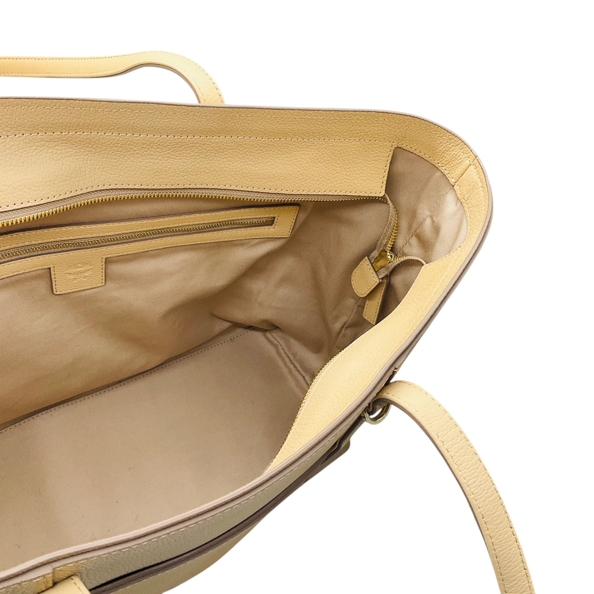 MCM Beige Leather Wilder Visetos Leather Shopper Tote Handbag