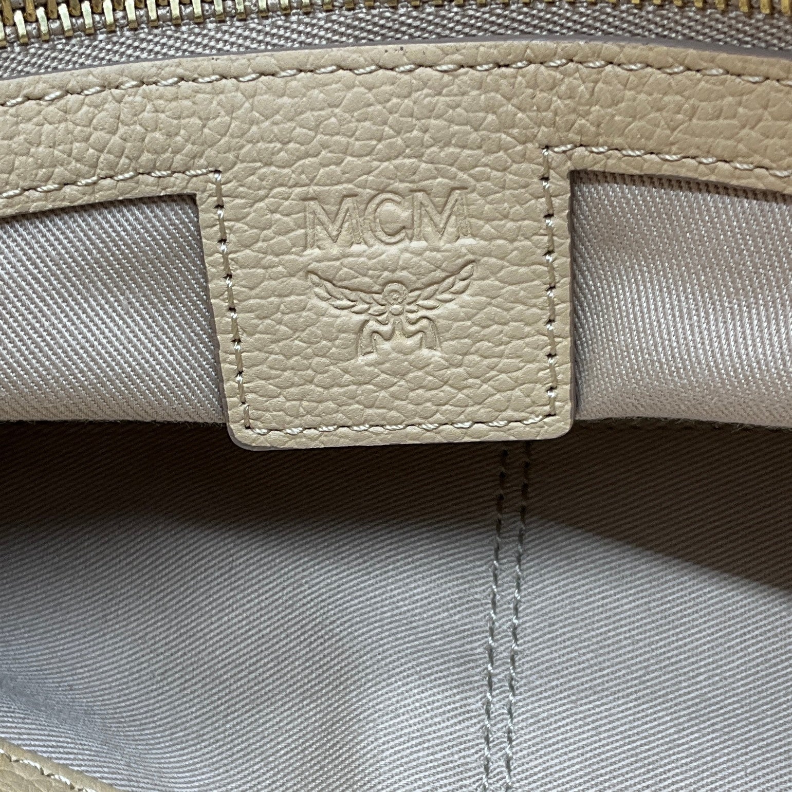 MCM Beige Leather Wilder Visetos Leather Shopper Tote Handbag