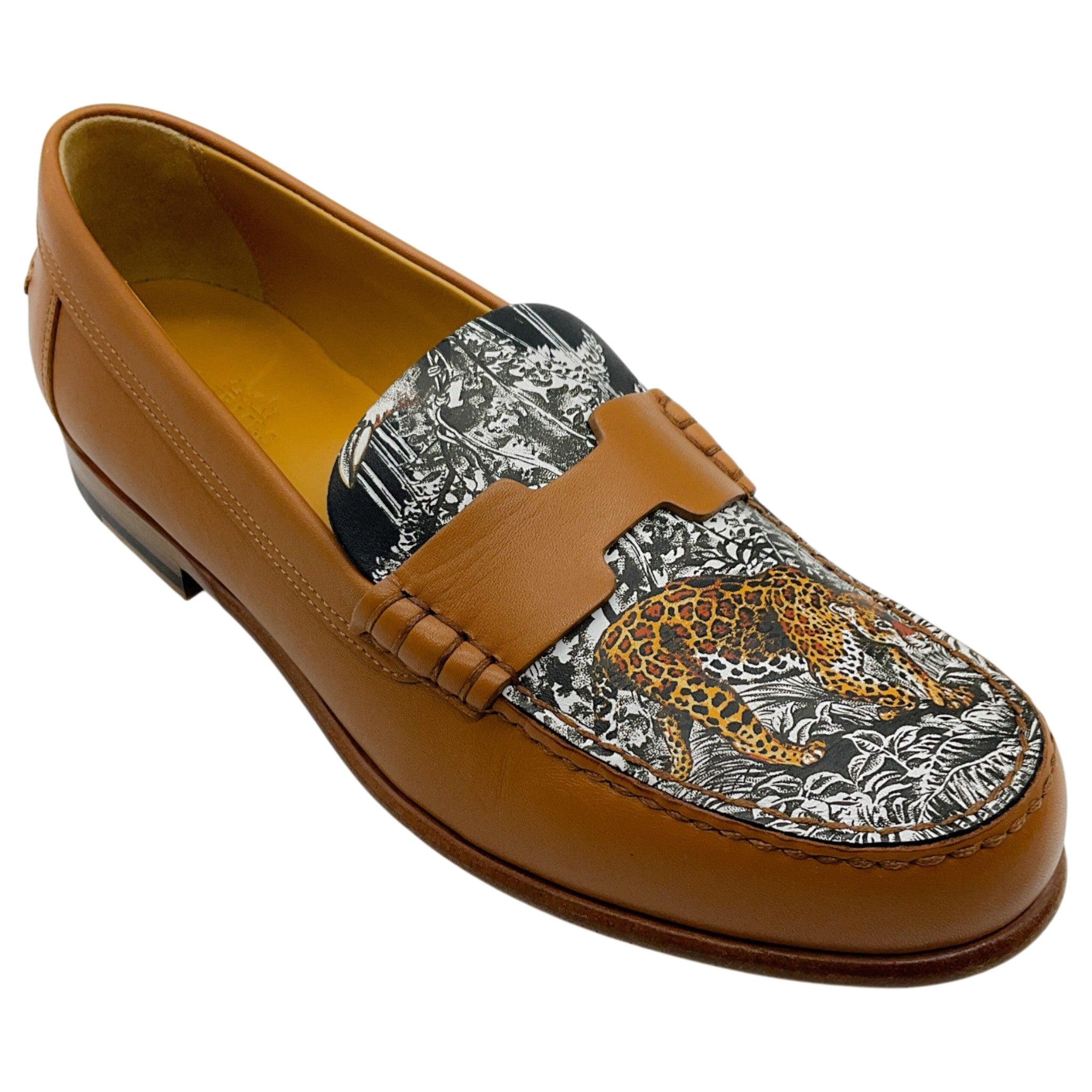 Hermes Light Brown Leather Kennedy Loafers with Leopard Printed Vamp
