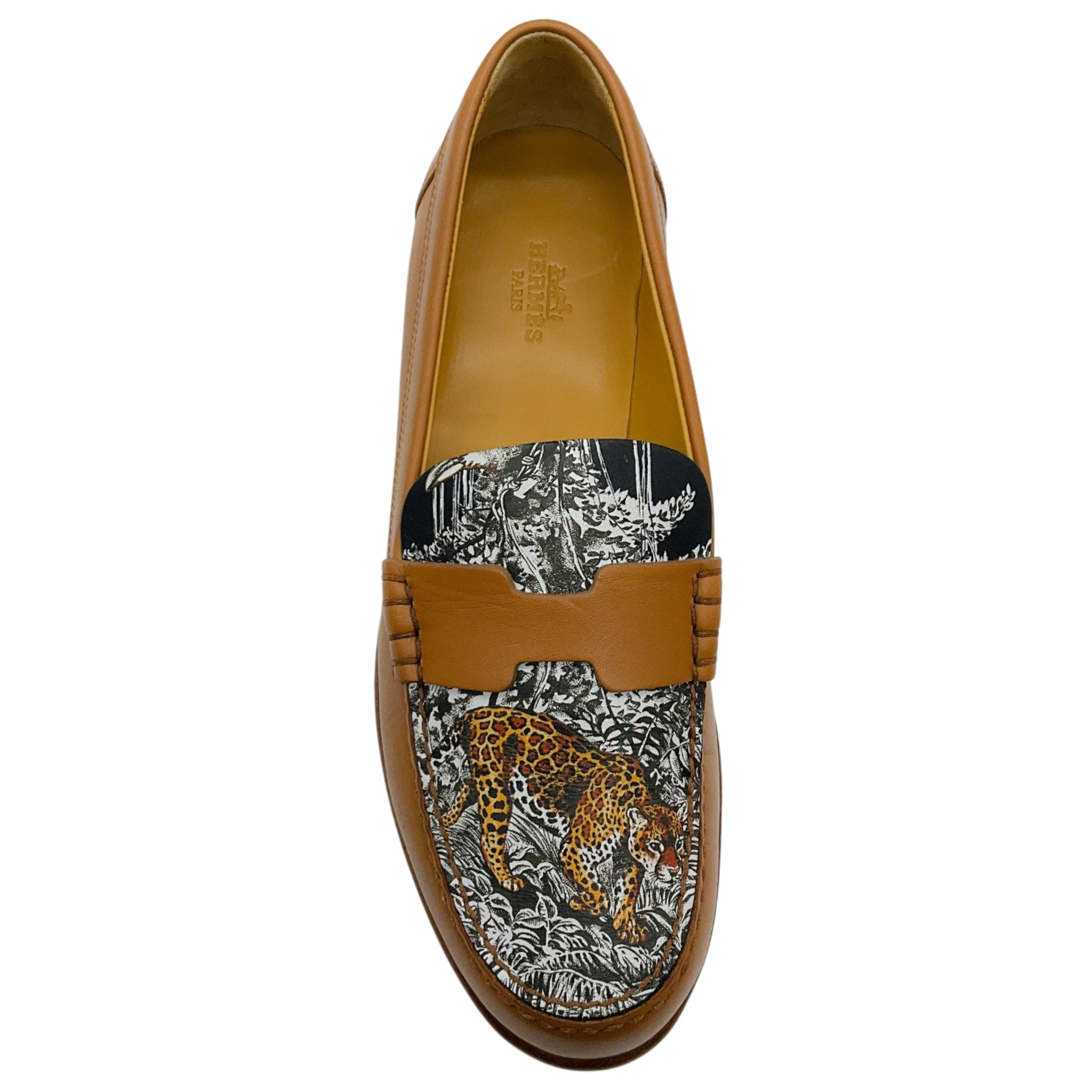 Hermes Light Brown Leather Kennedy Loafers with Leopard Printed Vamp