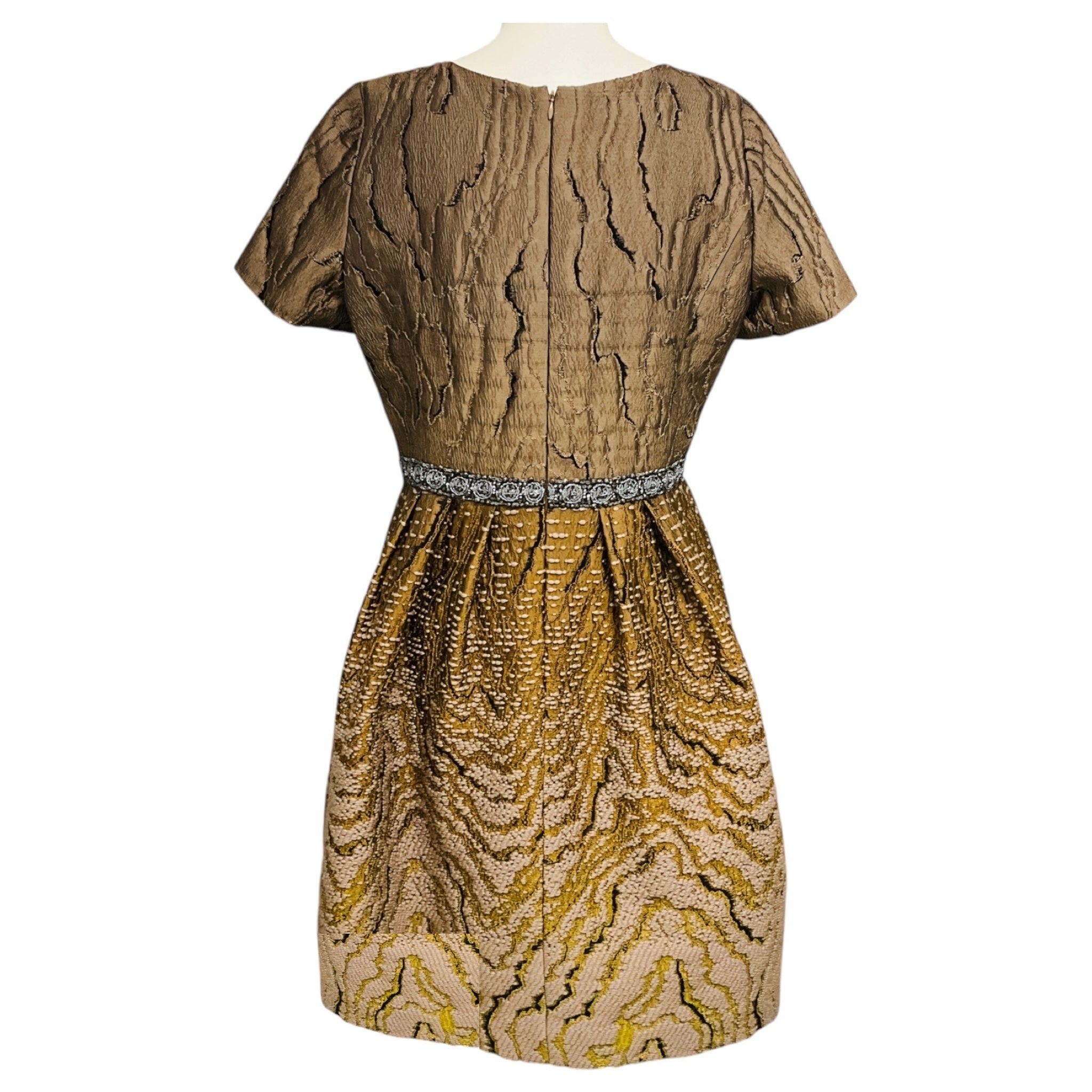 Oscar de la Renta Taupe Multi Bead Embellished and Embroidered Short Sleeved Flared Cocktail Dress