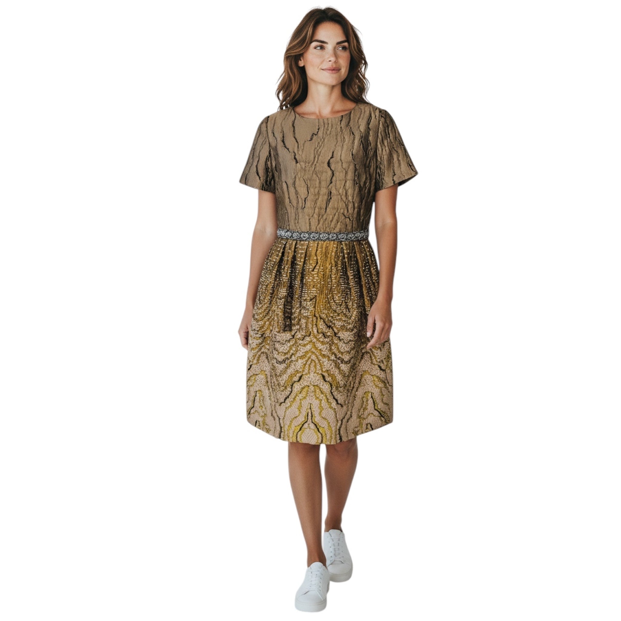 Oscar de la Renta Taupe Multi Bead Embellished and Embroidered Short Sleeved Flared Cocktail Dress