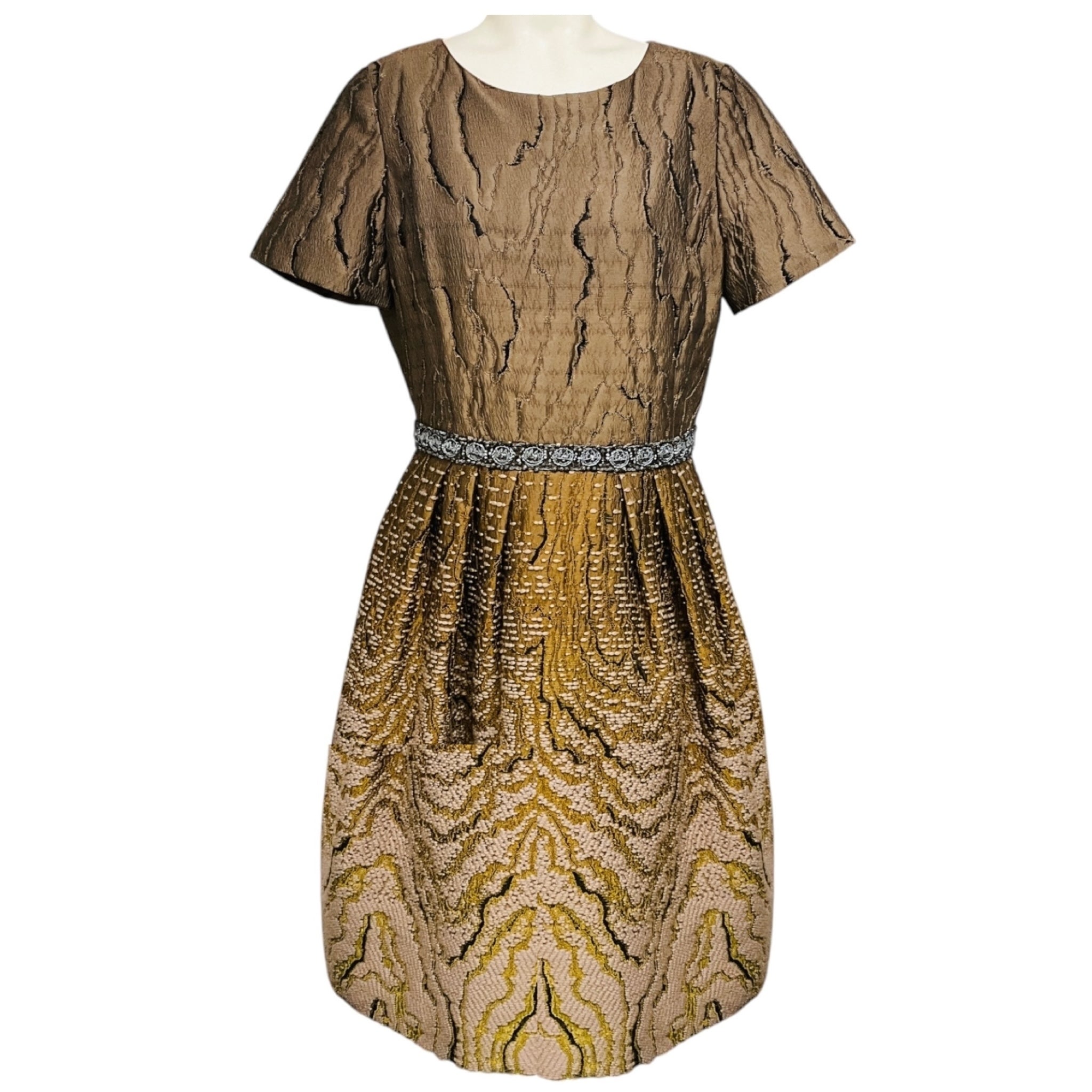Oscar de la Renta Taupe Multi Bead Embellished and Embroidered Short Sleeved Flared Cocktail Dress