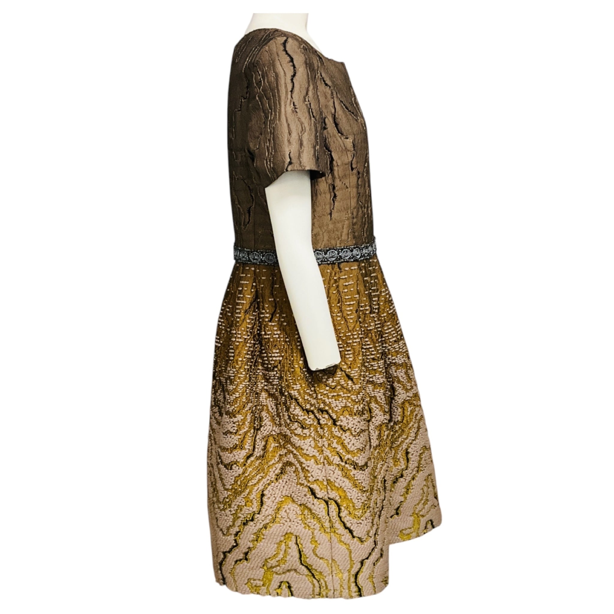 Oscar de la Renta Taupe Multi Bead Embellished and Embroidered Short Sleeved Flared Cocktail Dress