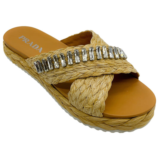 Prada Beige Raffia Crystal Embellished Slide Sandals
