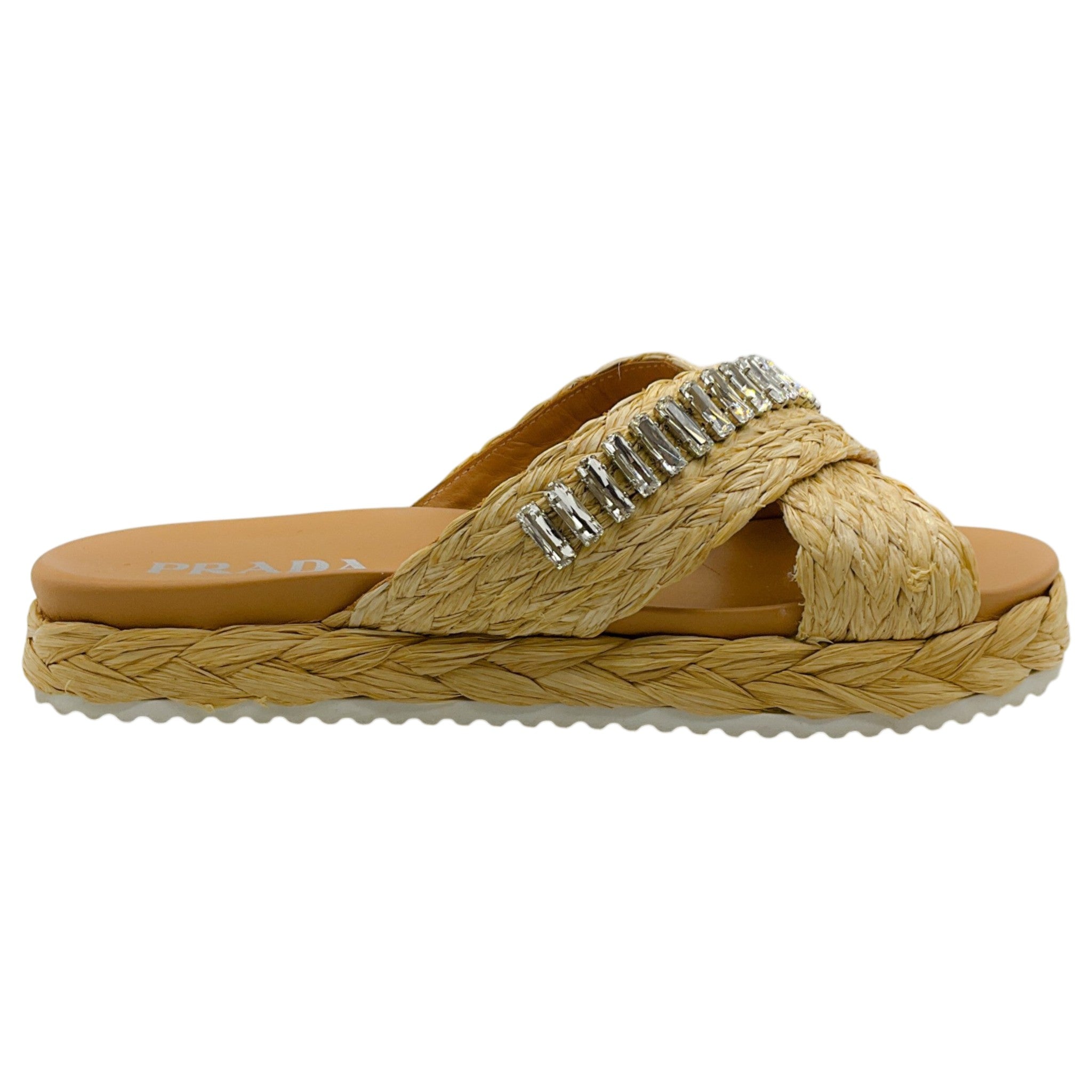 Prada Beige Raffia Crystal Embellished Slide Sandals