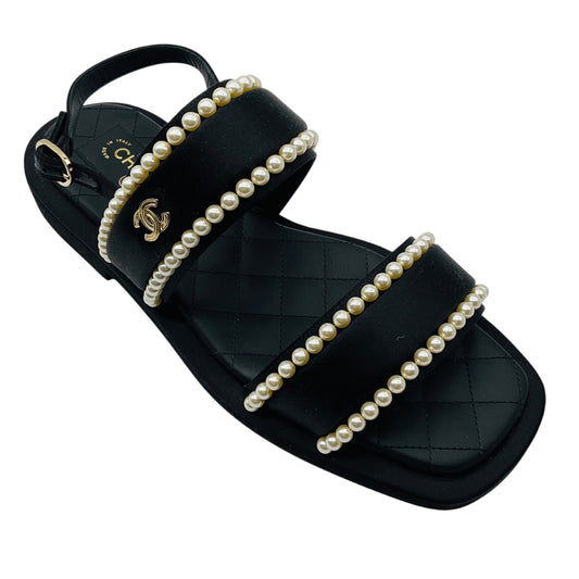 Chanel Black 2022 Cruise Pearl Embellished Flat Satin Sandals