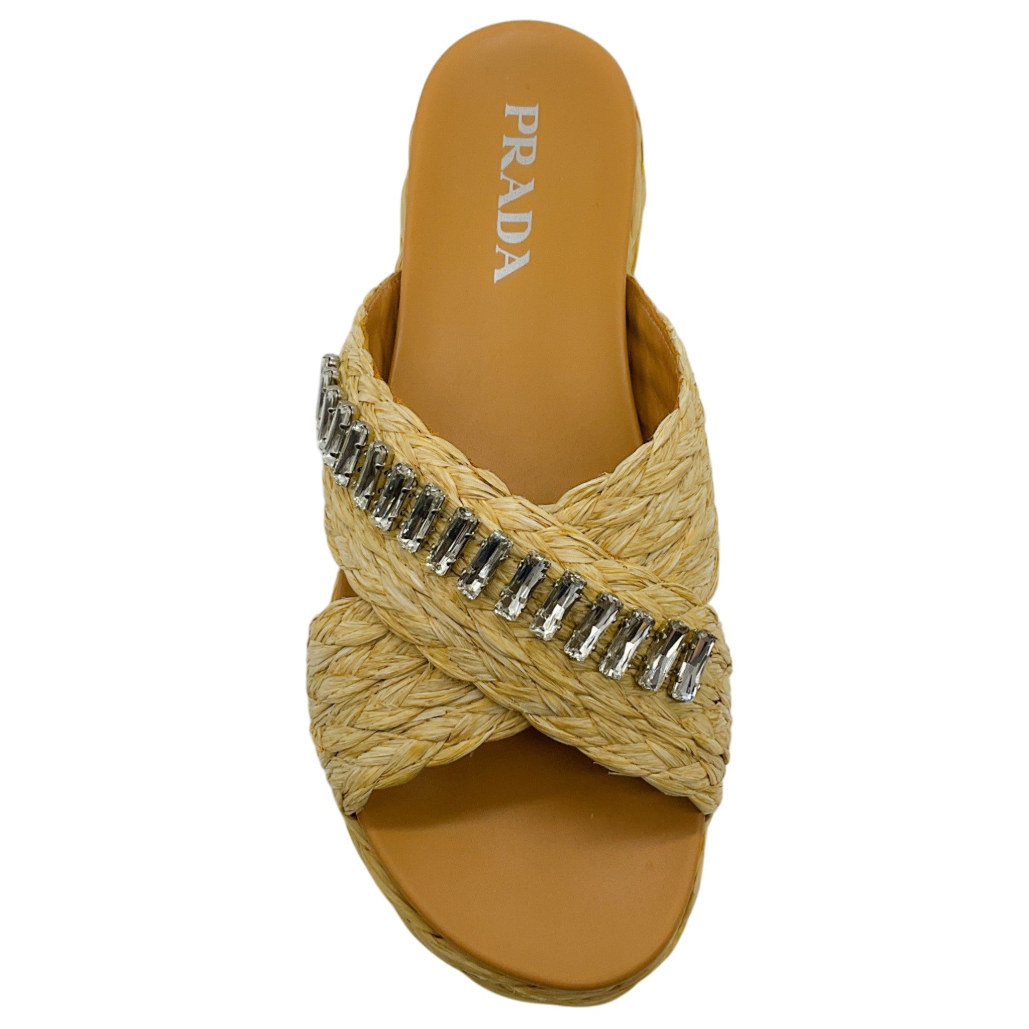 Prada Beige Raffia Crystal Embellished Slide Sandals