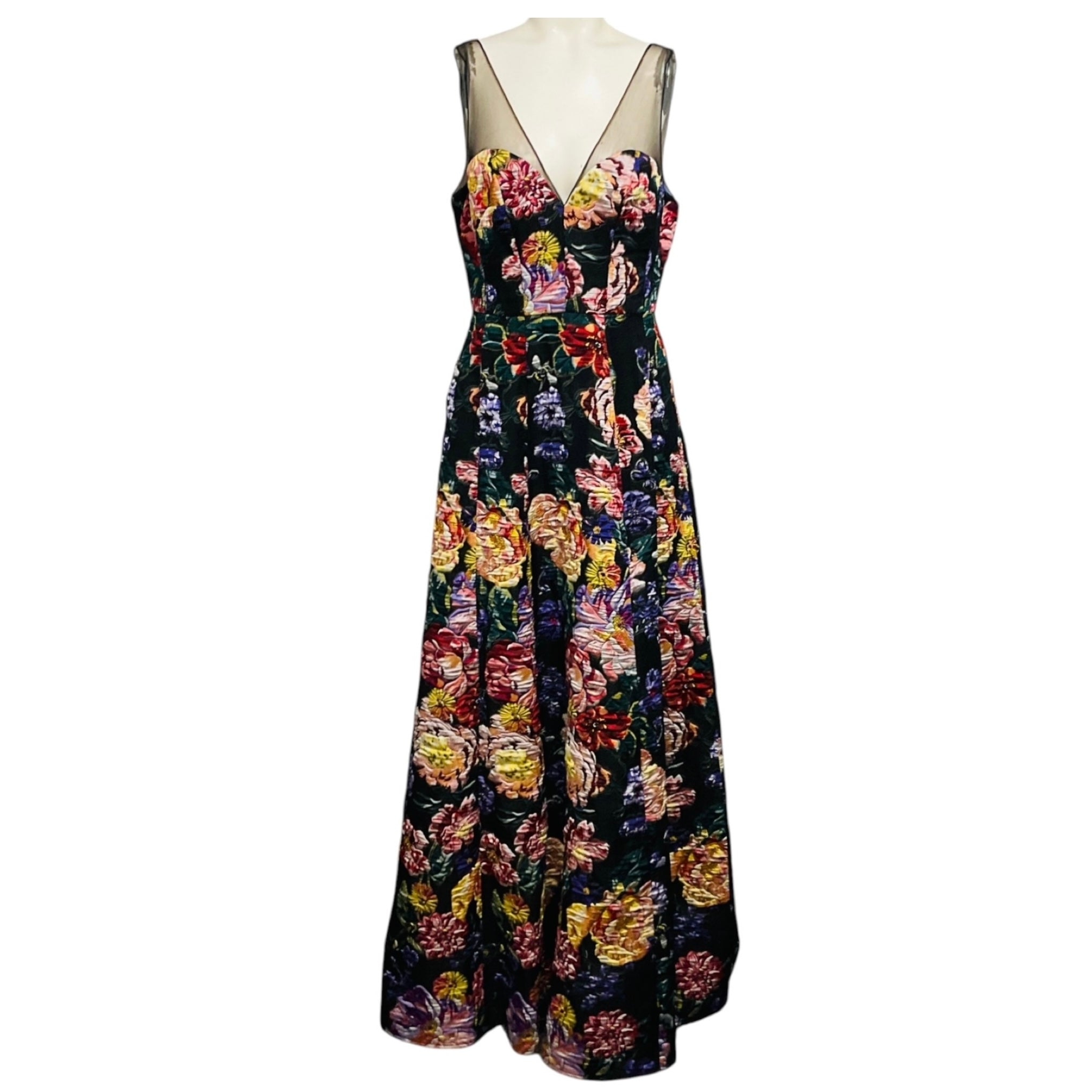 Marchesa Notte Black Multi Floral Jacquard Formal Dress / Evening Gown