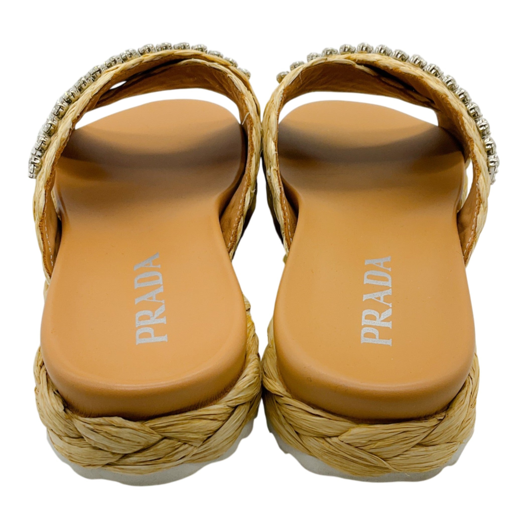 Prada Beige Raffia Crystal Embellished Slide Sandals