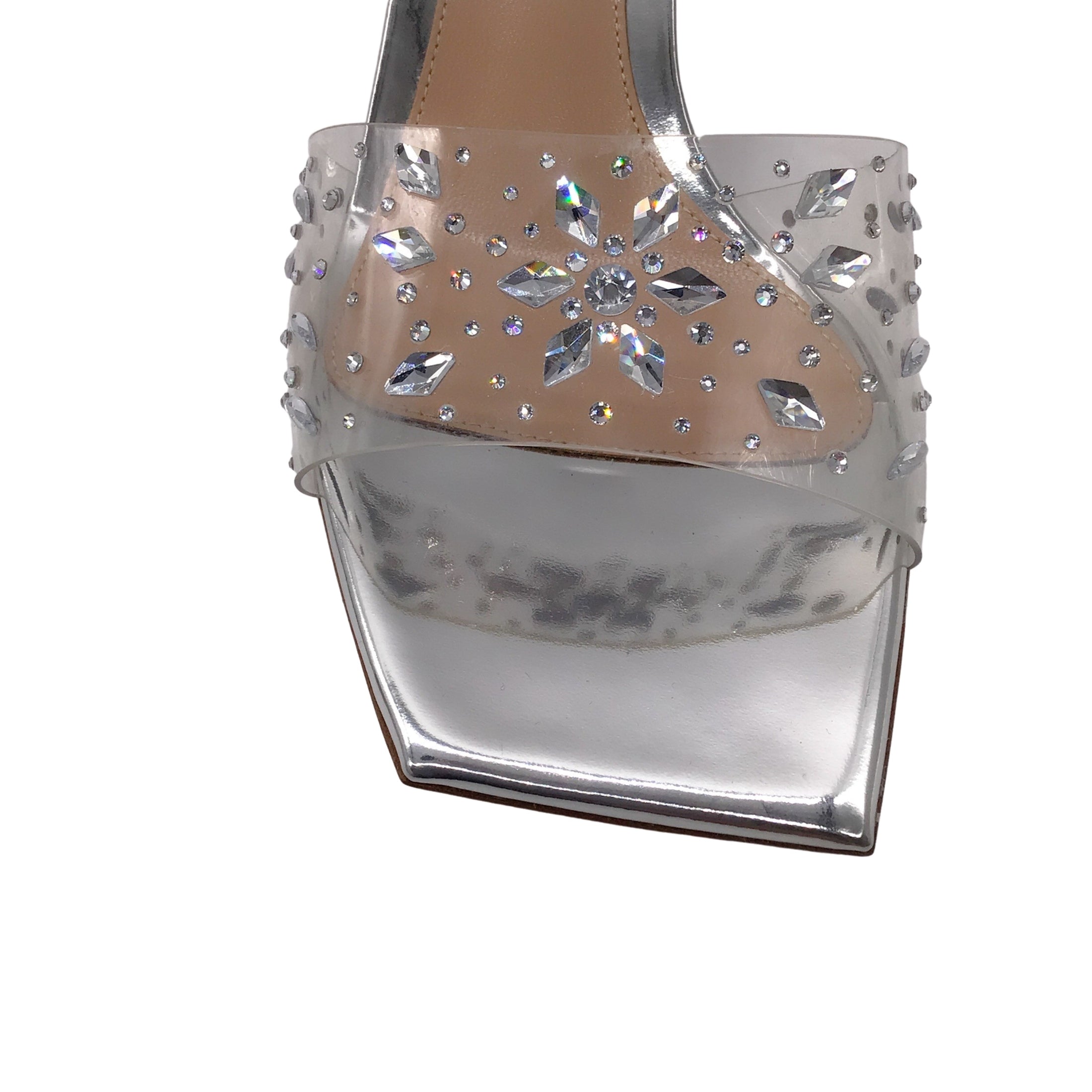 Gianvito Rossi Silver / Clear Heel Crystal Embellished Mule Sandals