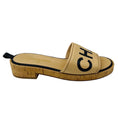 Load image into Gallery viewer, Chanel Tan / Black Logo Leather and Cork Slide Sandals
