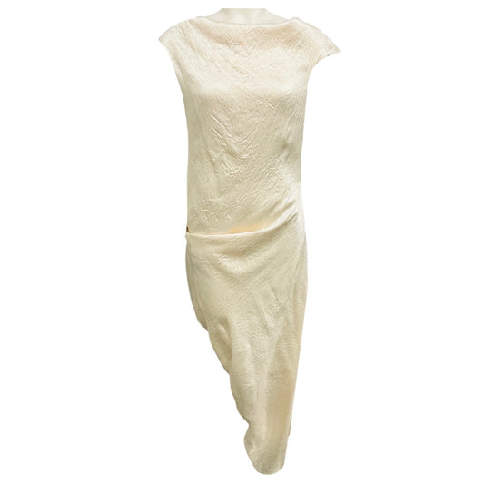McQueen Oyster Draped Smashed Satin Asymmetric Hem Midi Dress