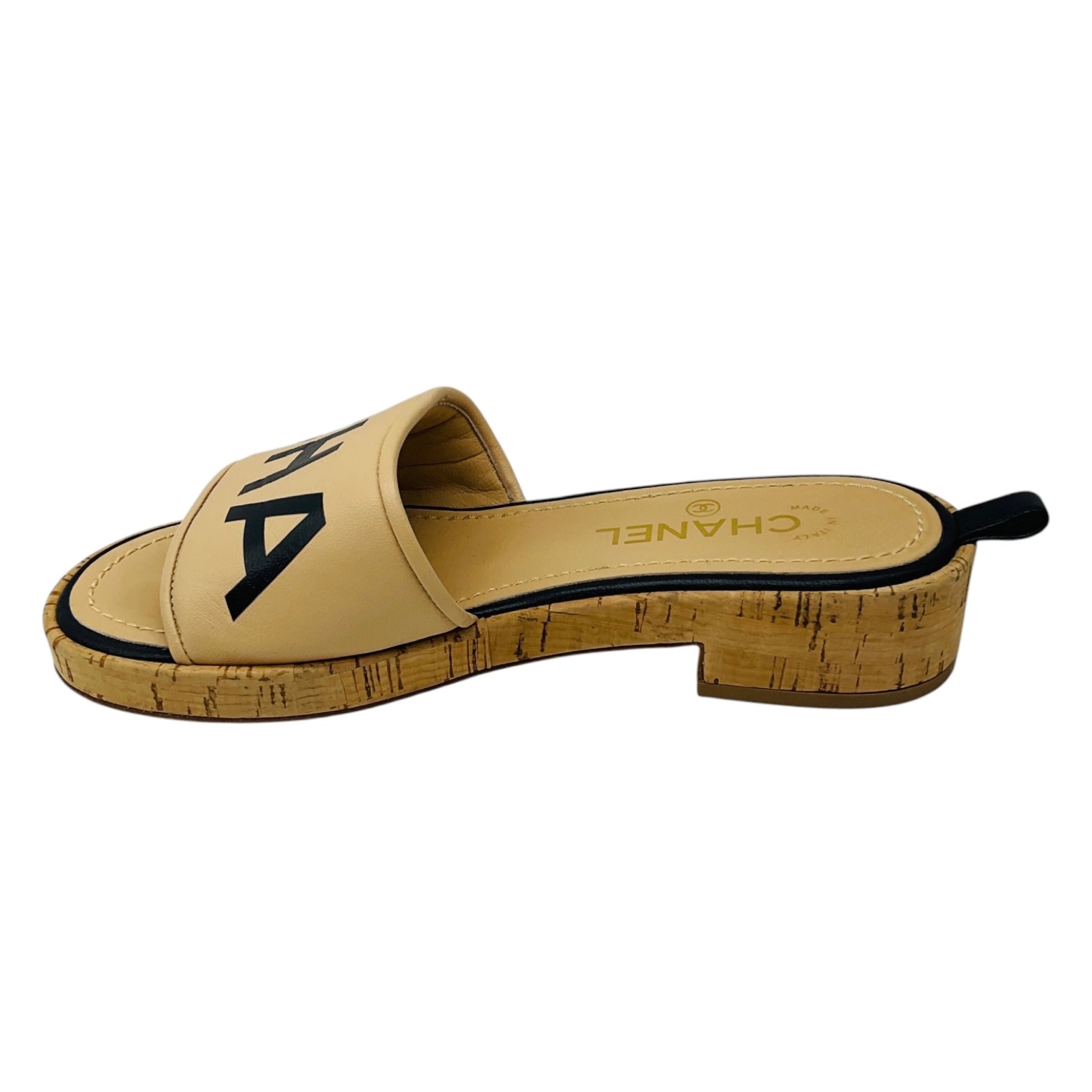 Chanel Tan / Black Logo Leather and Cork Slide Sandals