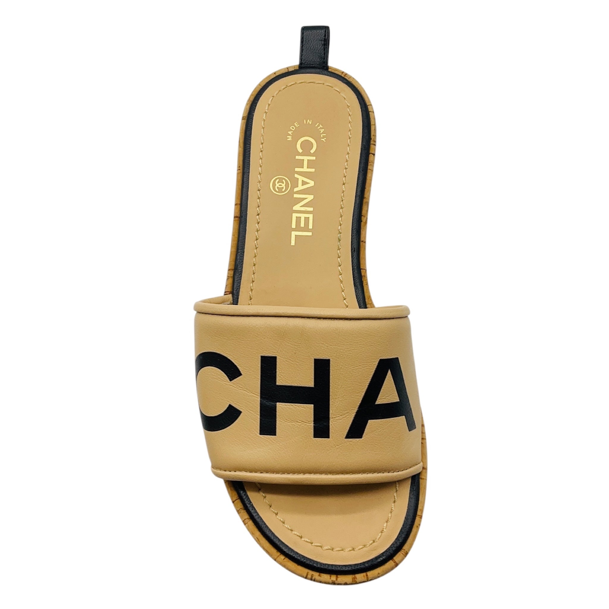 Chanel Tan / Black Logo Leather and Cork Slide Sandals