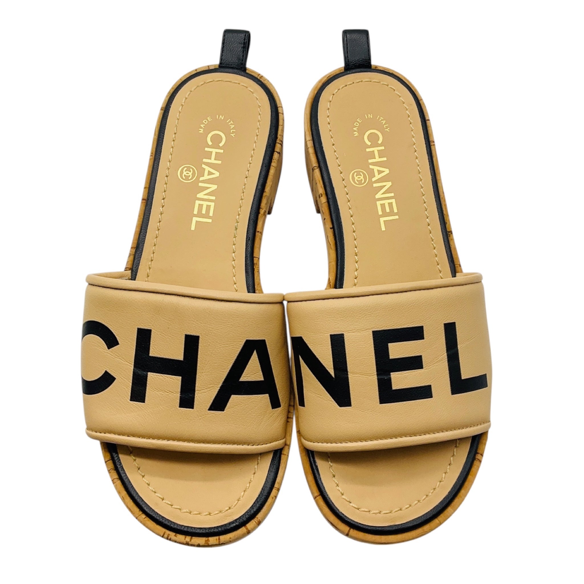 Chanel Tan / Black Logo Leather and Cork Slide Sandals