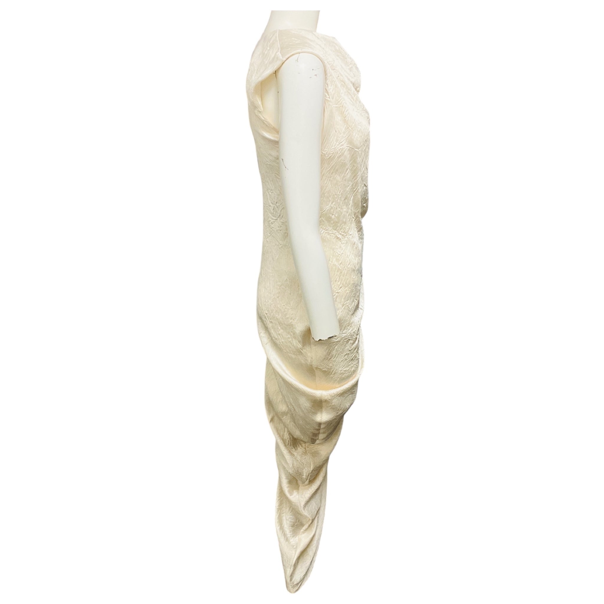 McQueen Oyster Draped Smashed Satin Asymmetric Hem Midi Dress