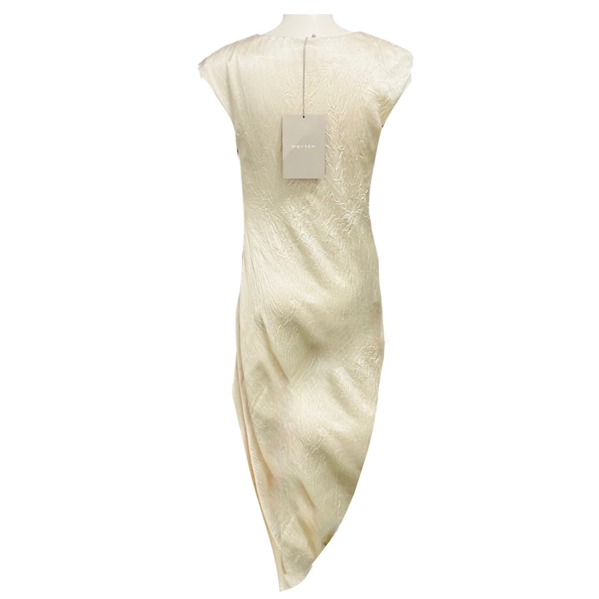 McQueen Oyster Draped Smashed Satin Asymmetric Hem Midi Dress