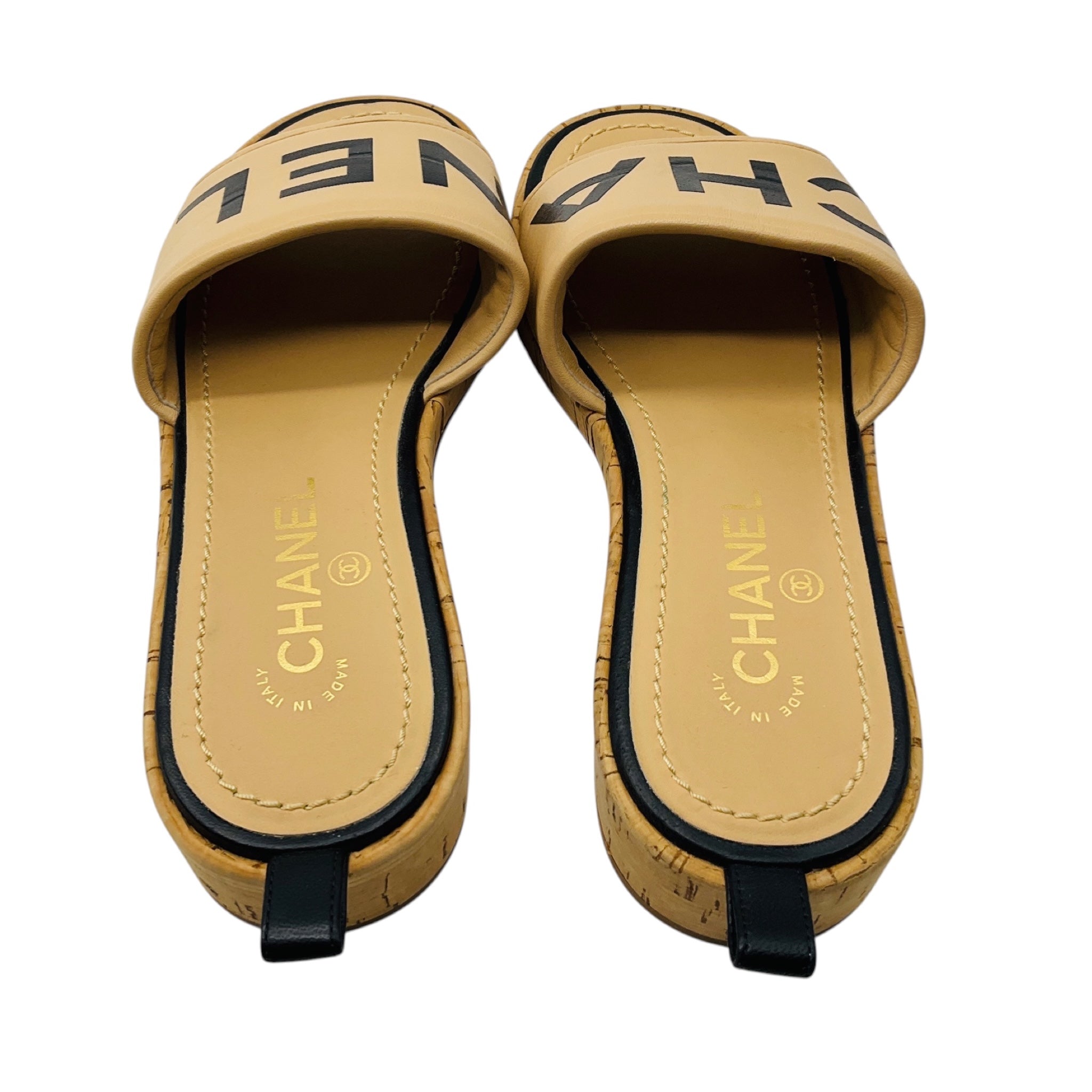 Chanel Tan / Black Logo Leather and Cork Slide Sandals