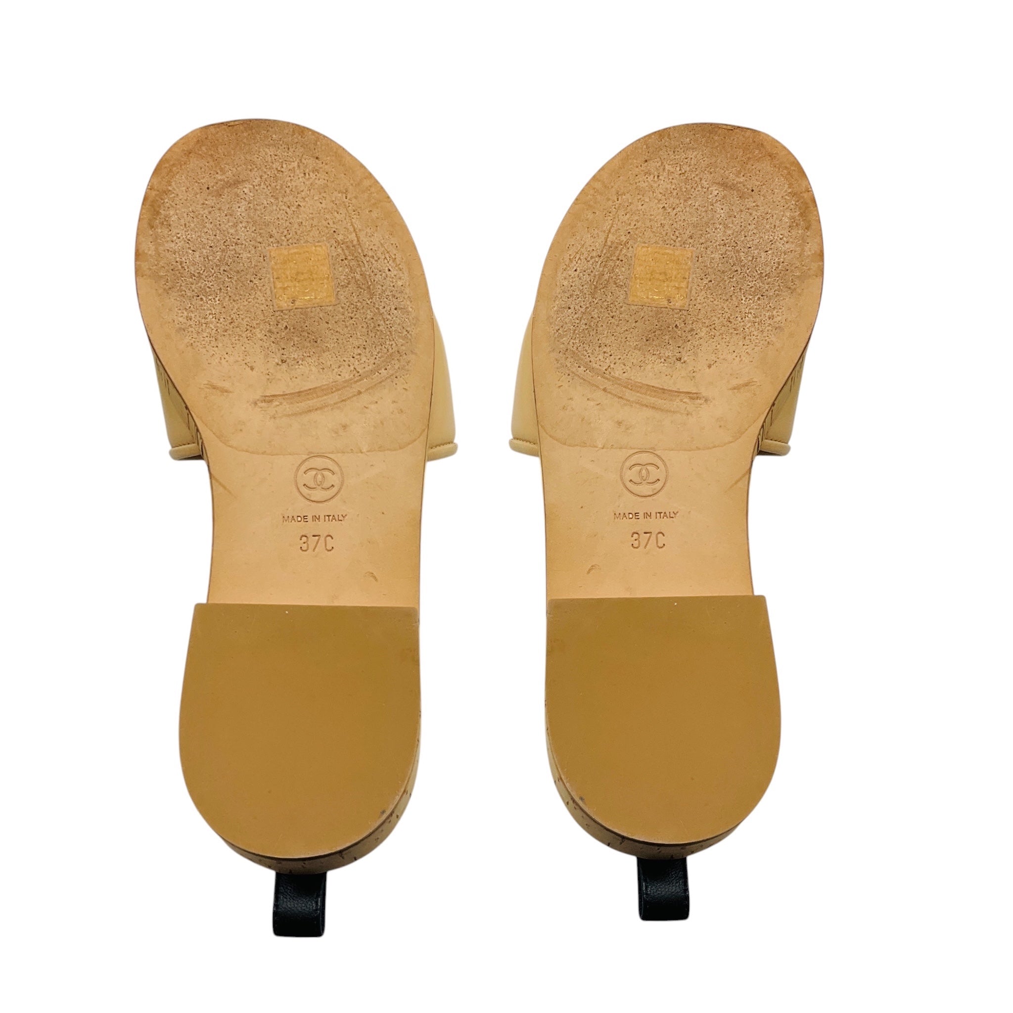Chanel Tan / Black Logo Leather and Cork Slide Sandals