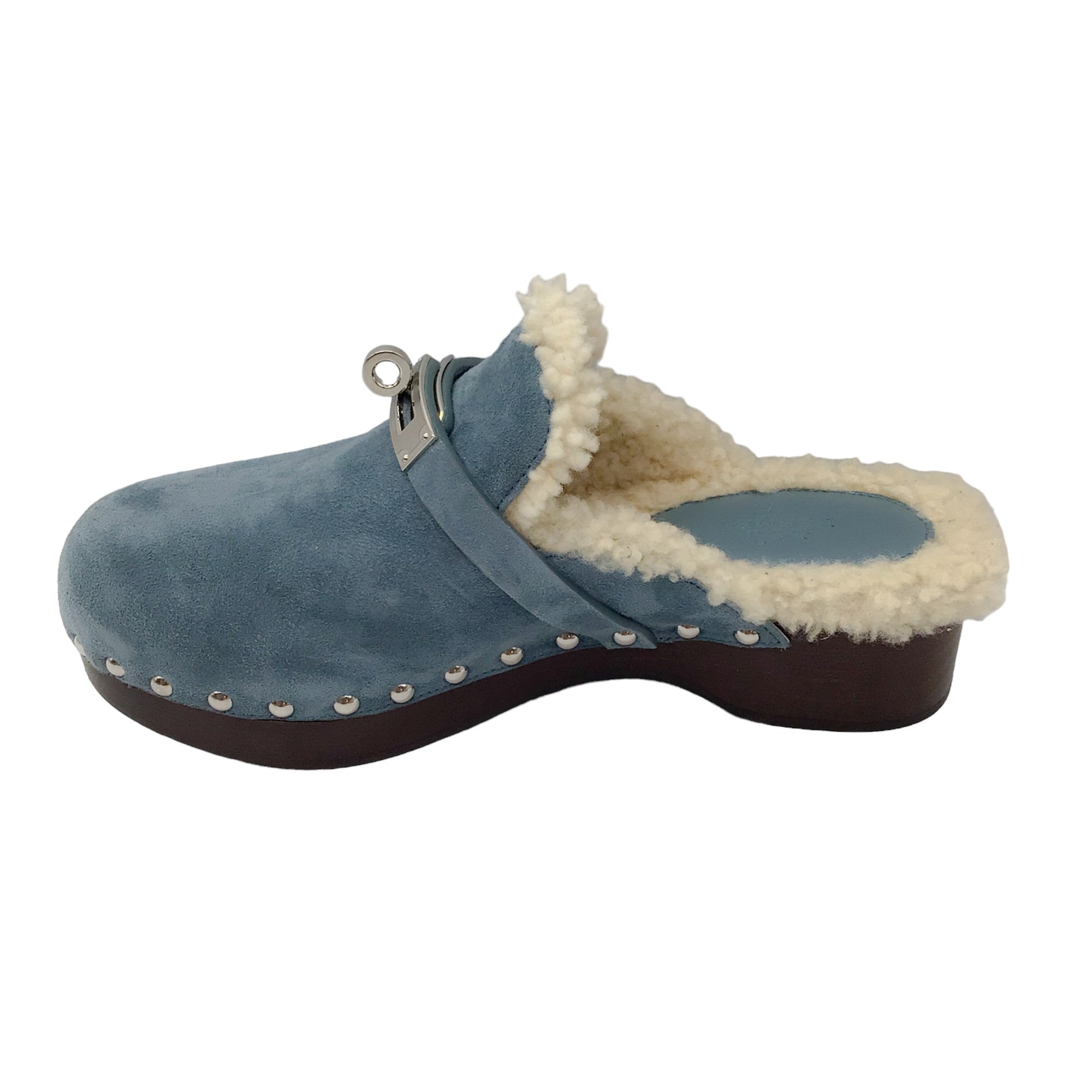 Hermes Light Blue Suede Goatskin Shearling Lined Carlotta Mules / Clogs