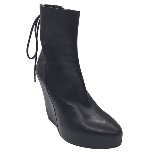 Ann Demeulemeester Black Lace-Up Detail Leather Wedge Boots