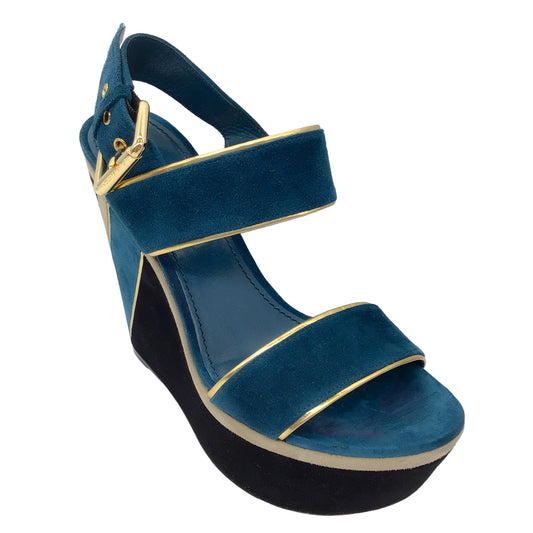 Louis Vuitton Teal / Beige / Black Suede Platform Wedge Sandals