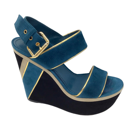 Louis Vuitton Teal / Beige / Black Suede Platform Wedge Sandals