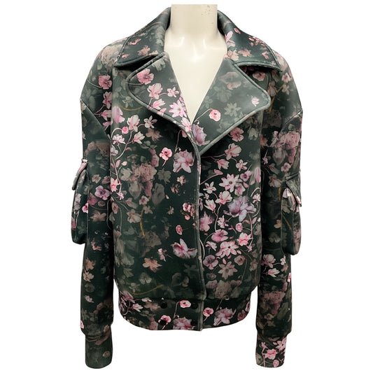 Aje Olive Multi Floral Scuba Moto Zip Jacket