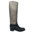 Load image into Gallery viewer, Chanel Black / Silver Metallic CC Logo Embossed Flat Tall Leather Riding Boots
