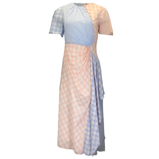 Prabal Gurung Pink / Blue Checkered Short Sleeved Cotton Midi Dress