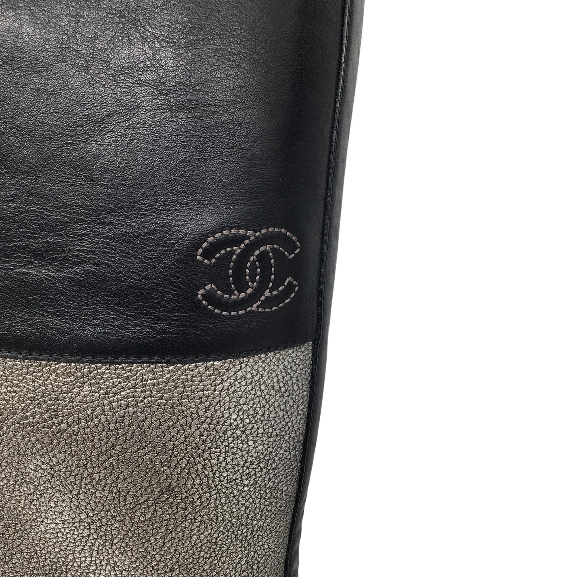 Chanel Black / Silver Metallic CC Logo Embossed Flat Tall Leather Riding Boots