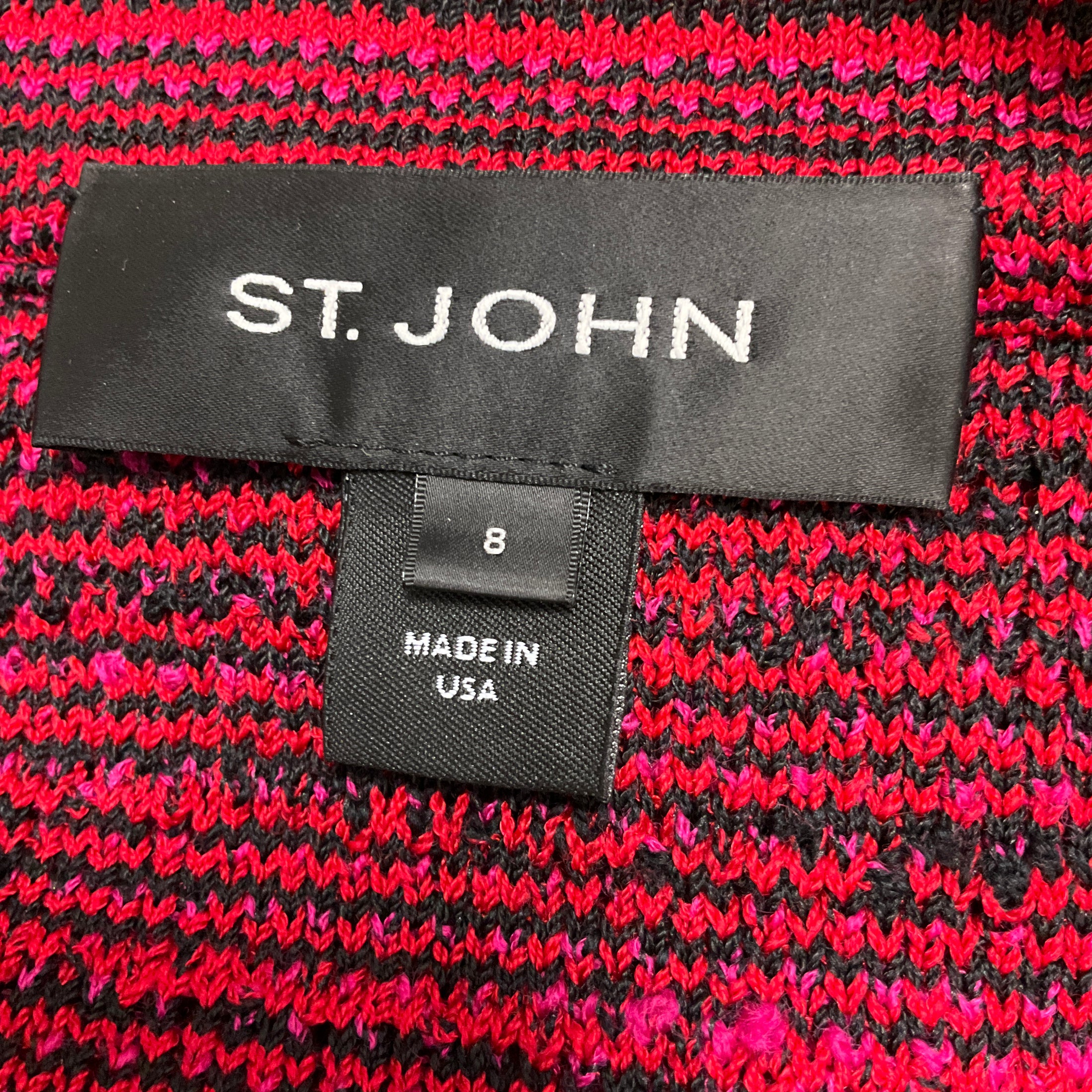 St. John Red / Fuchsia Pink / Black Fringed Tweed Knit Jacket
