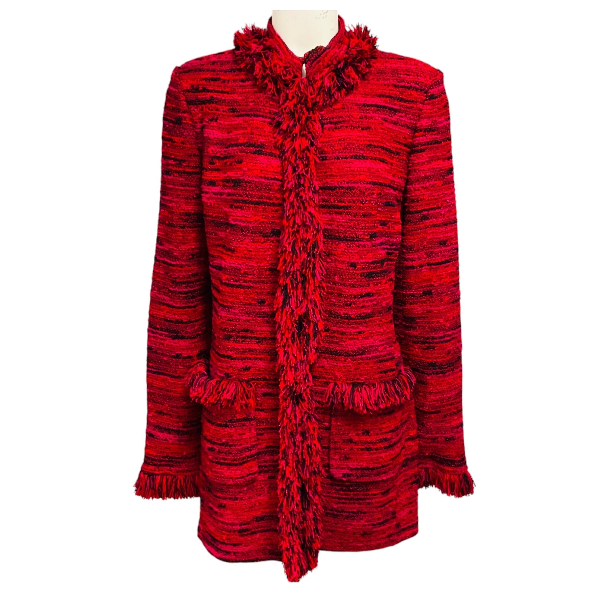 St. John Red / Fuchsia Pink / Black Fringed Tweed Knit Jacket