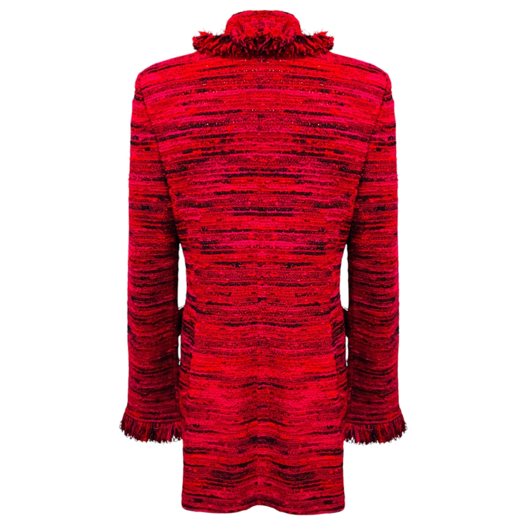 St. John Red / Fuchsia Pink / Black Fringed Tweed Knit Jacket