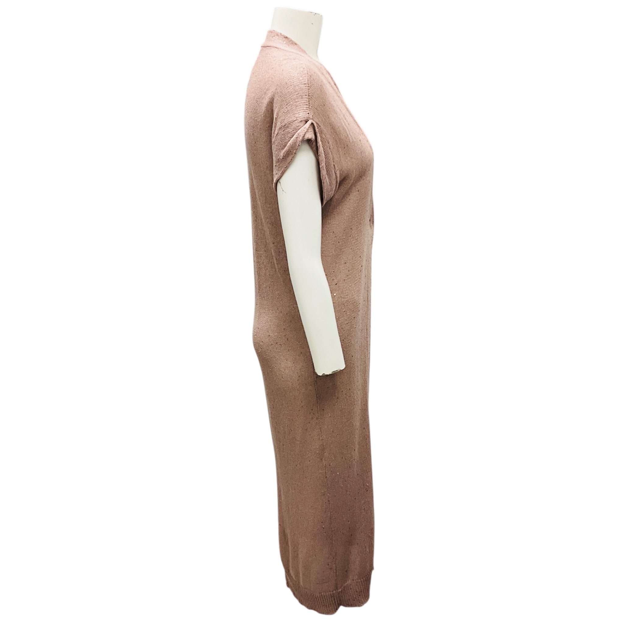 Brunello Cucinelli Blush Pink Sequined Short Sleeved Linen and Silk Knit Long Cardigan Sweater