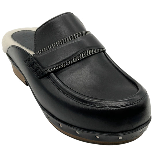 Brunello Cucinelli Black Leather Clogs with Shearling and Monili
