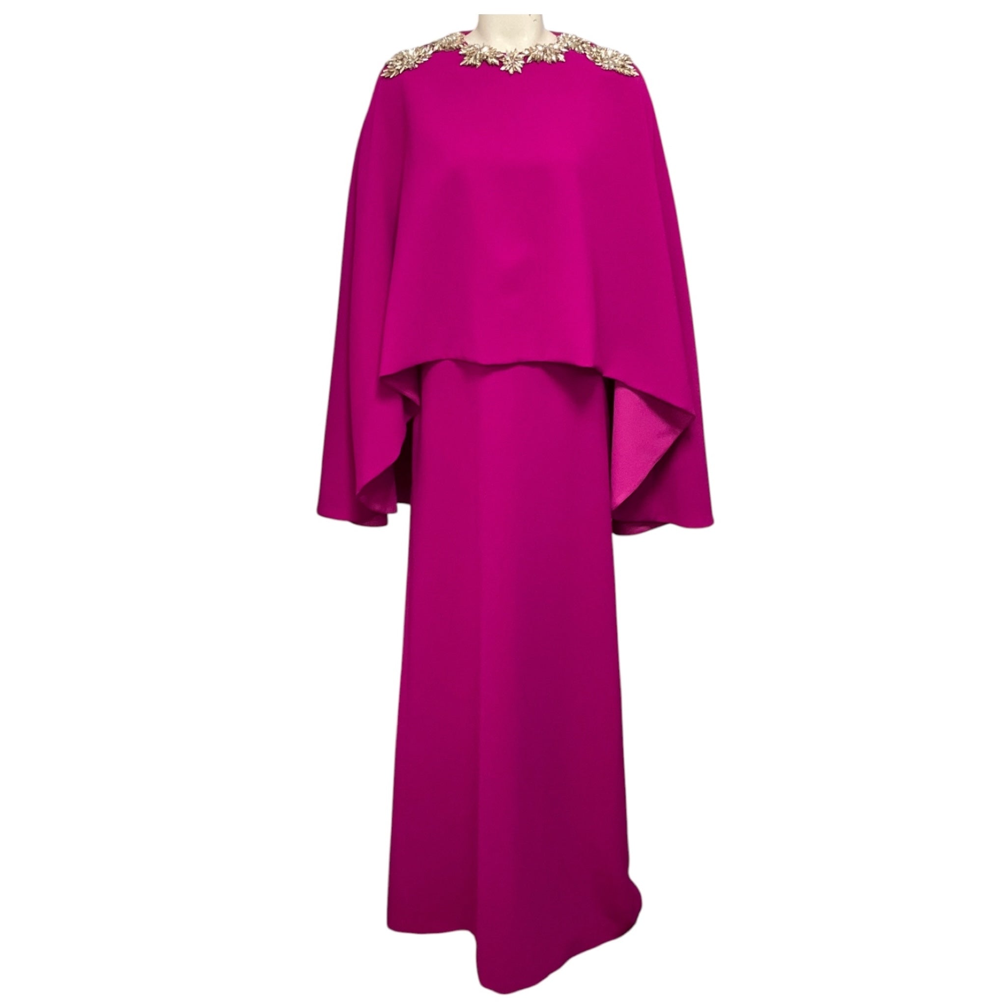 Costarellos Magenta Elin Crystal Embellished Caped Crepe Gown