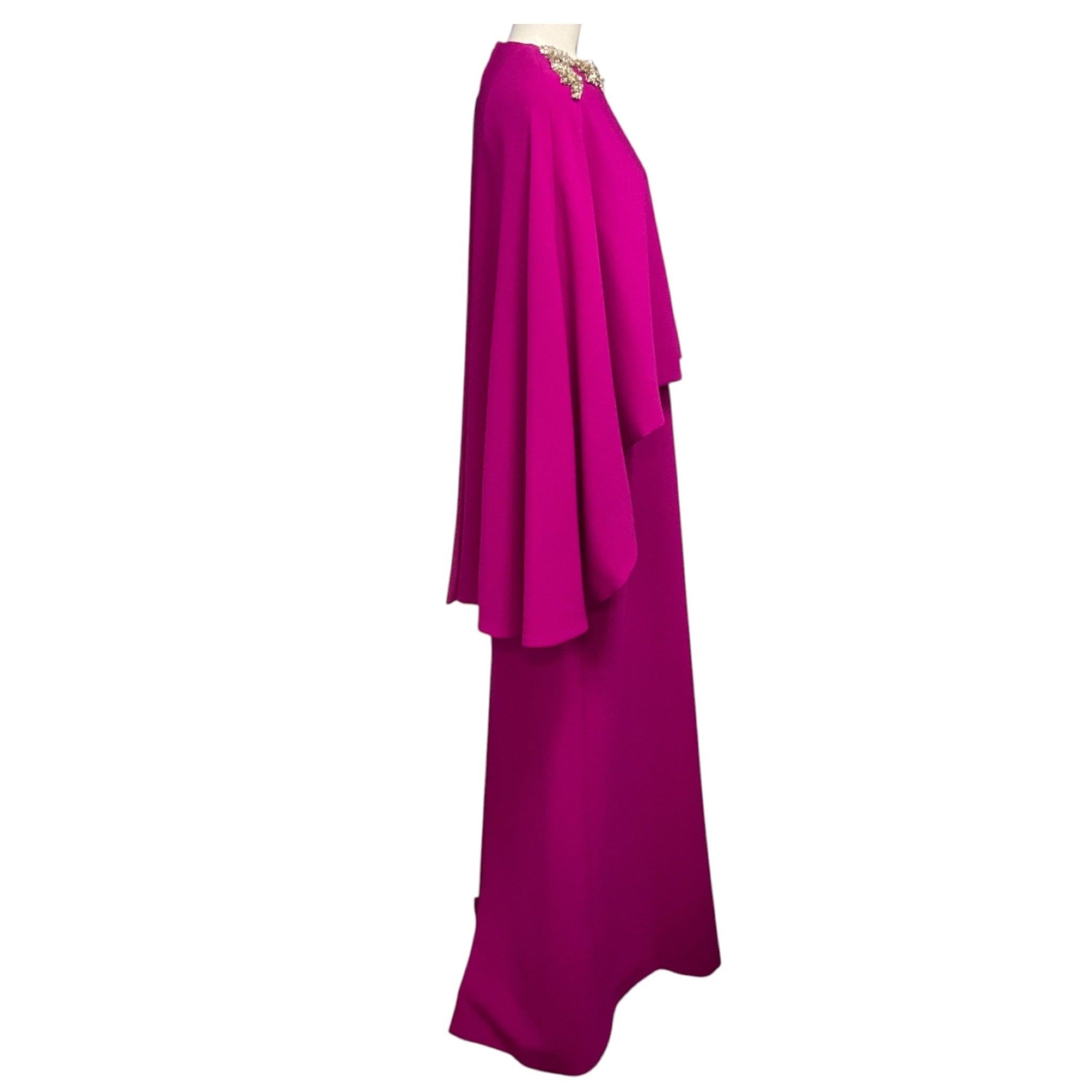 Costarellos Magenta Elin Crystal Embellished Caped Crepe Gown