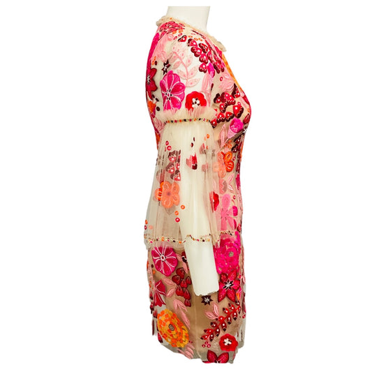 Jenny Packham Beige / Red / Pink / Orange Floral Embroidered Mesh Tulle Mini Dress