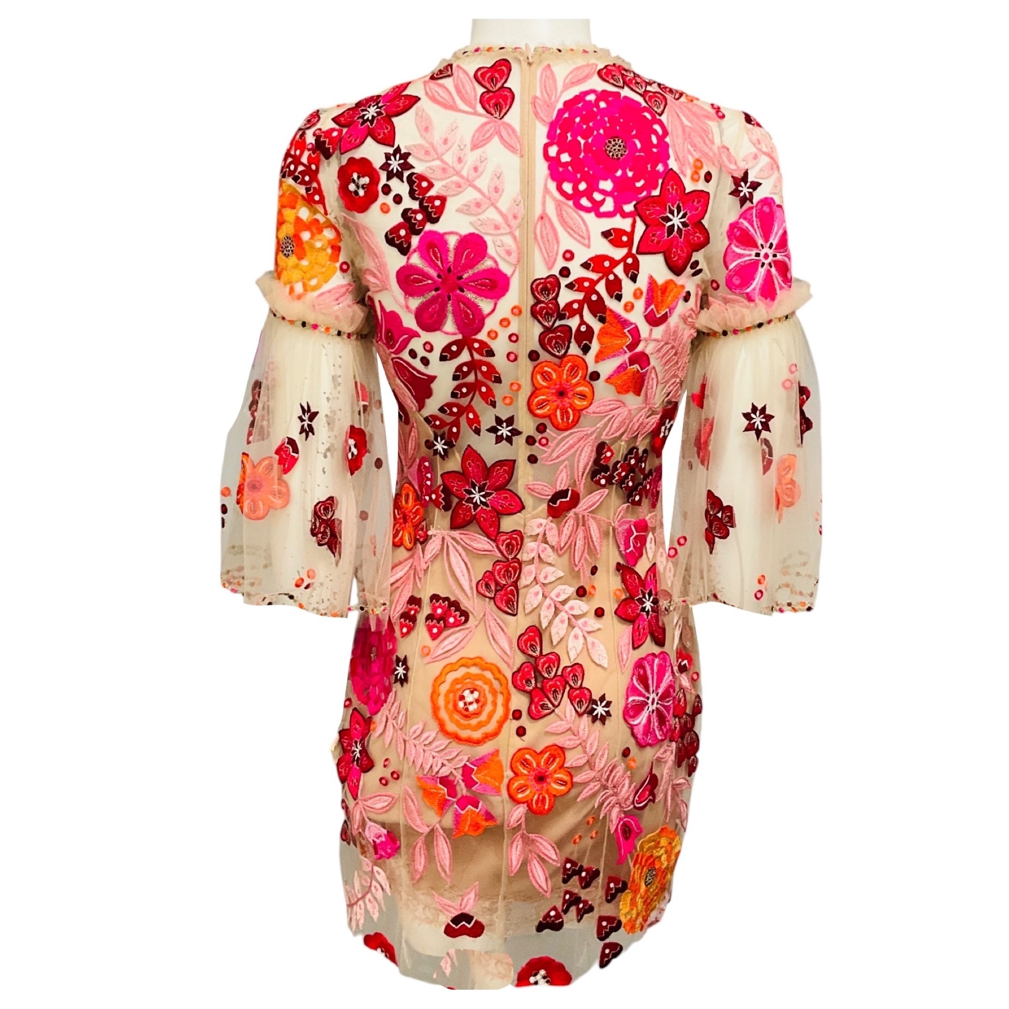 Jenny Packham Beige / Red / Pink / Orange Floral Embroidered Mesh Tulle Mini Dress
