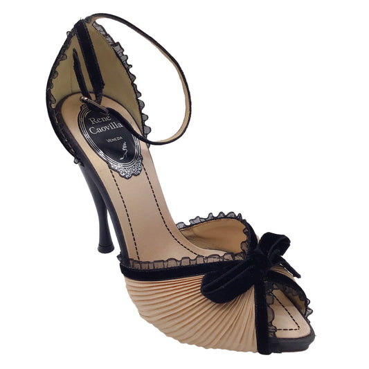 Rene Caovilla Champagne / Black Bow Detail Velvet Trimmed Pleated Satin Open Toe Ankle Strap Heels