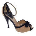 Load image into Gallery viewer, Rene Caovilla Champagne / Black Bow Detail Velvet Trimmed Pleated Satin Open Toe Ankle Strap Heels
