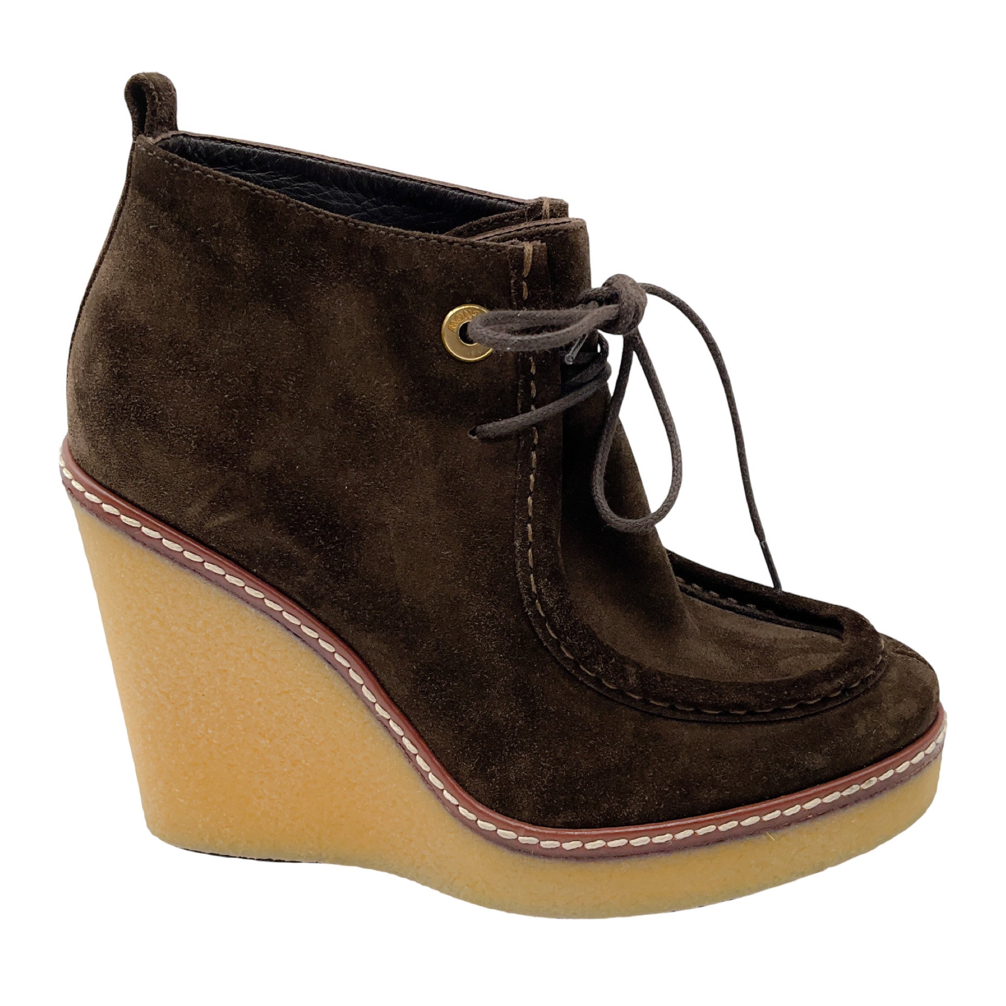 Moncler Brown Suede Wedge Heel Ankle Booties
