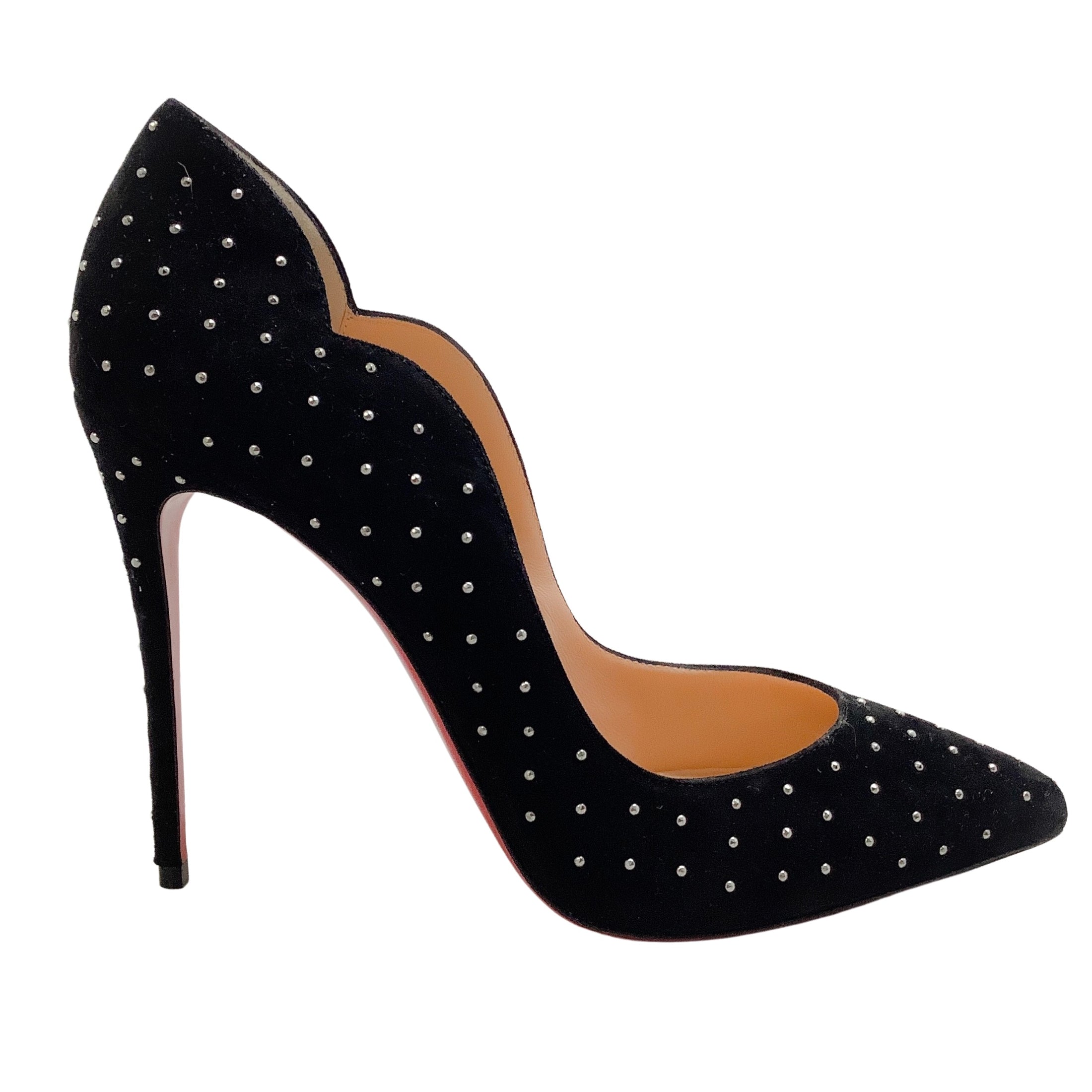 Christian Louboutin Black Suede Wavy Pumps with Silver Studs