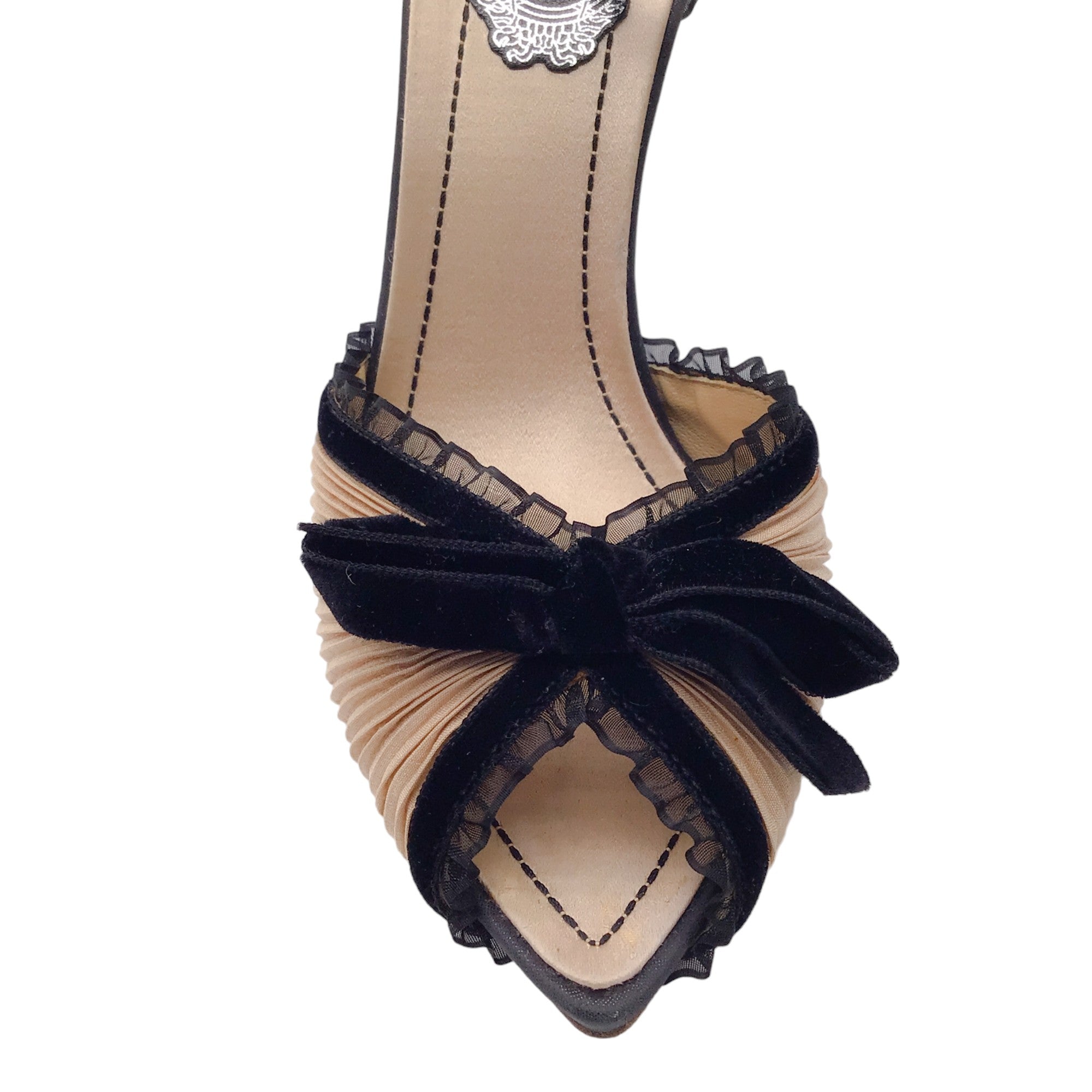 Rene Caovilla Champagne / Black Bow Detail Velvet Trimmed Pleated Satin Open Toe Ankle Strap Heels