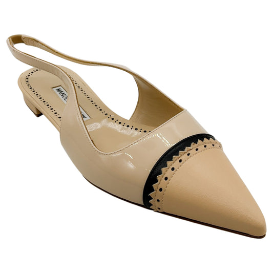 Manolo Blahnik Beige / Black Patent Leather Slingback Flats with Leather Toe
