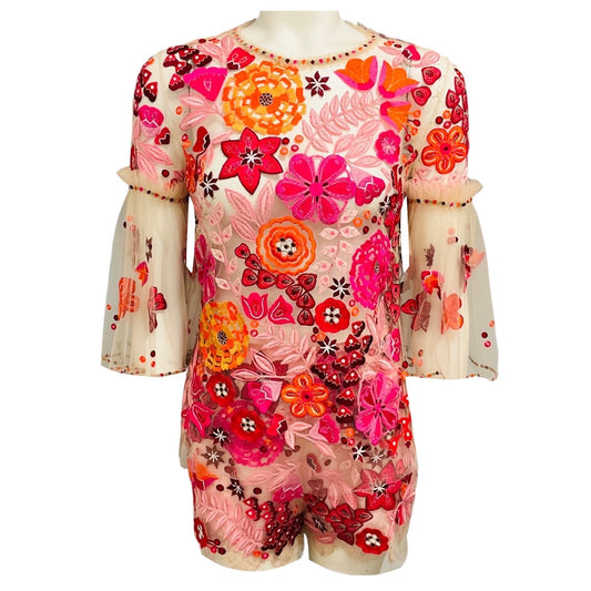Jenny Packham Beige / Red / Pink / Orange Floral Embroidered Mesh Tulle Top and Shorts Set