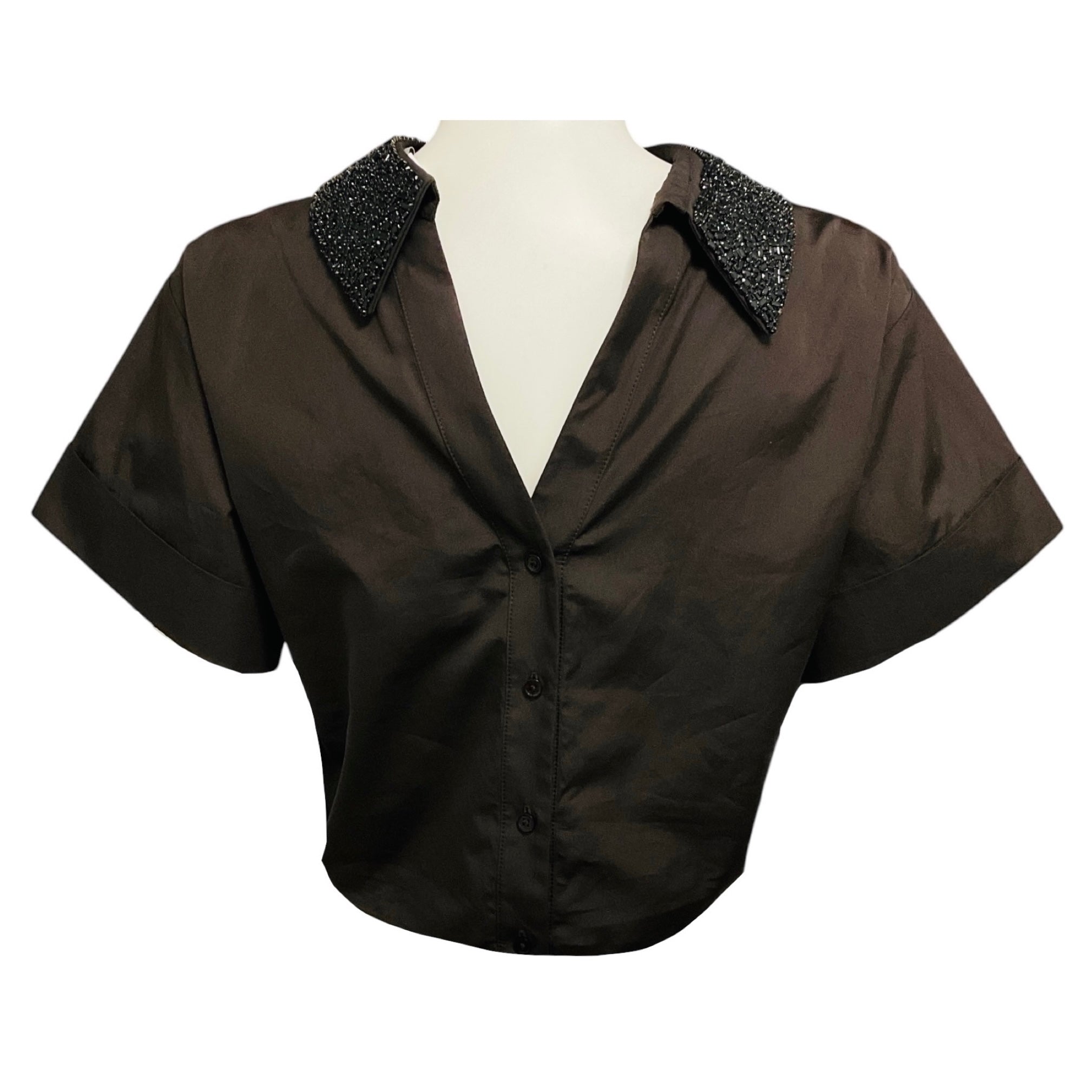 TWP Chocolate Brown Forever and Always Reversible Shirt with Crystal Collar in Super Compact Poplin